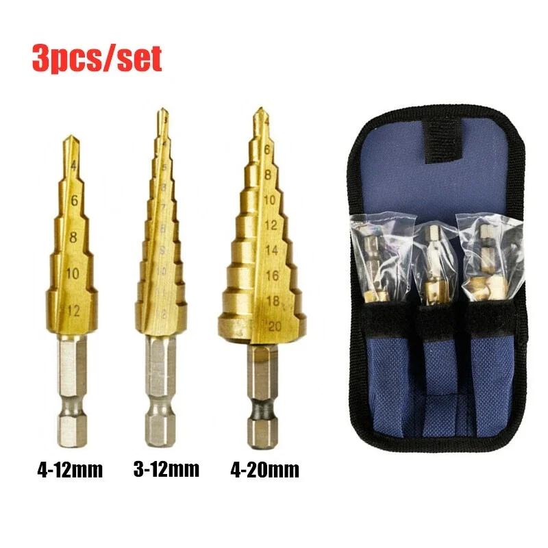 Ready stock 3pcs HSS High Speed Steel Titanium Hex Shank Step Drill Bit Set 3-12mm 4-12mm 4-20mm - Image 3