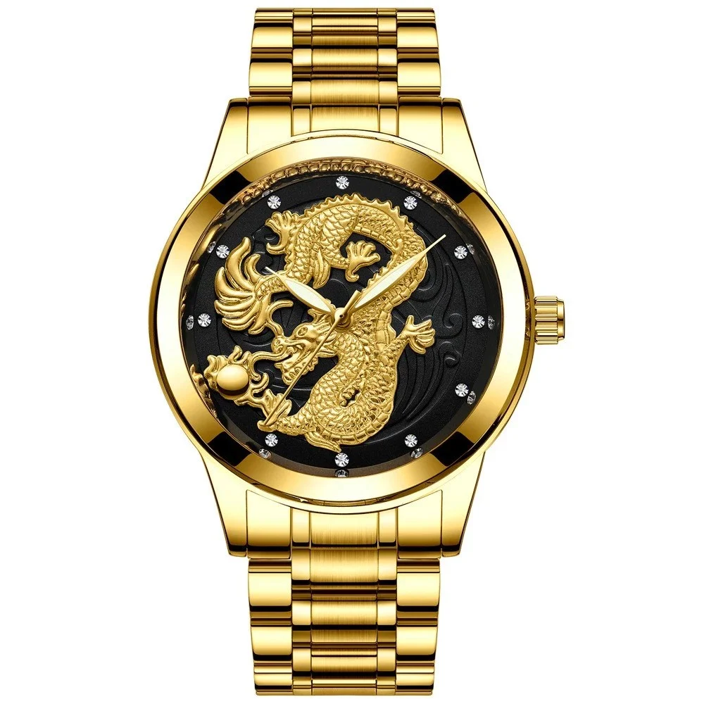 Original luxury gold watch men top brand 3D engraving Golden Dragon wrist watch for men  stainless steel quartz watch - Image 3