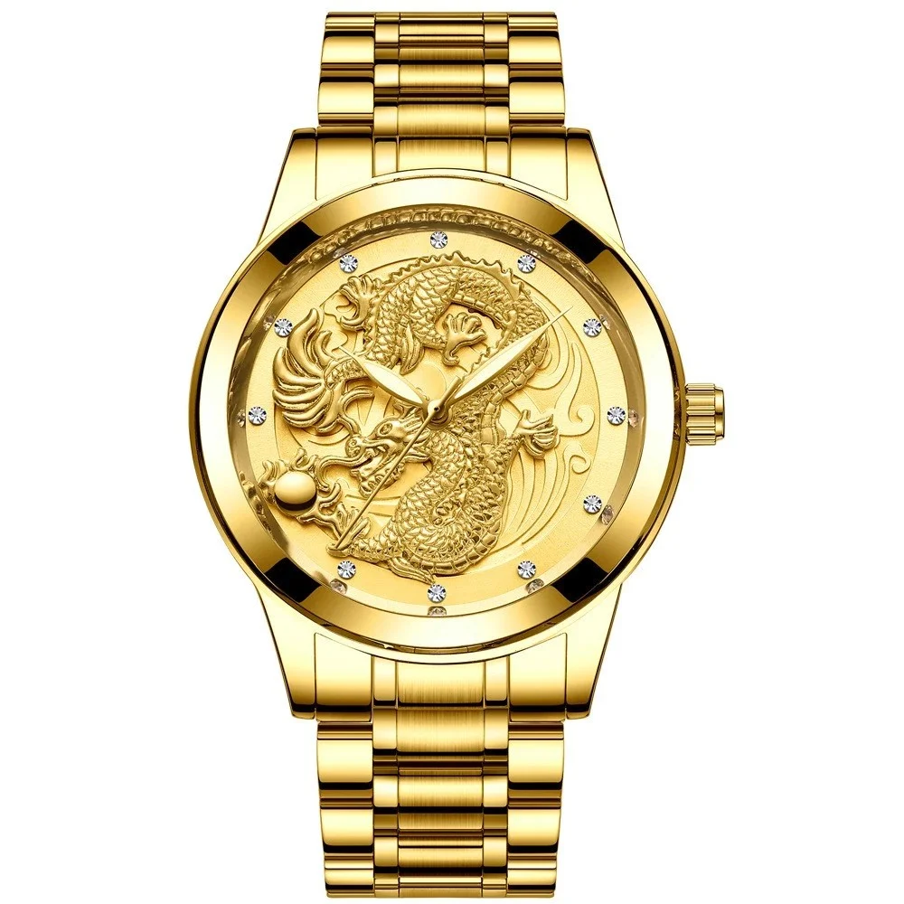 Original luxury gold watch men top brand 3D engraving Golden Dragon wrist watch for men  stainless steel quartz watch - Image 2