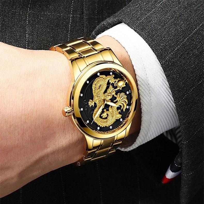 Original luxury gold watch men top brand 3D engraving Golden Dragon wrist watch for men  stainless steel quartz watch - Image 6