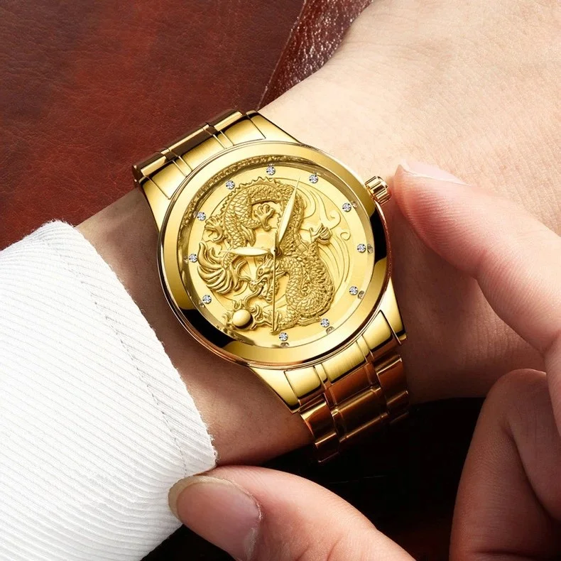 Original luxury gold watch men top brand 3D engraving Golden Dragon wrist watch for men  stainless steel quartz watch - Image 5