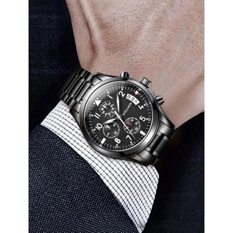 Shop VALLKIN men’s stainless steel chronograph watch with black dial, quartz movement, and date display. Stylish, durable, and perfect for everyday wear. - Image 3