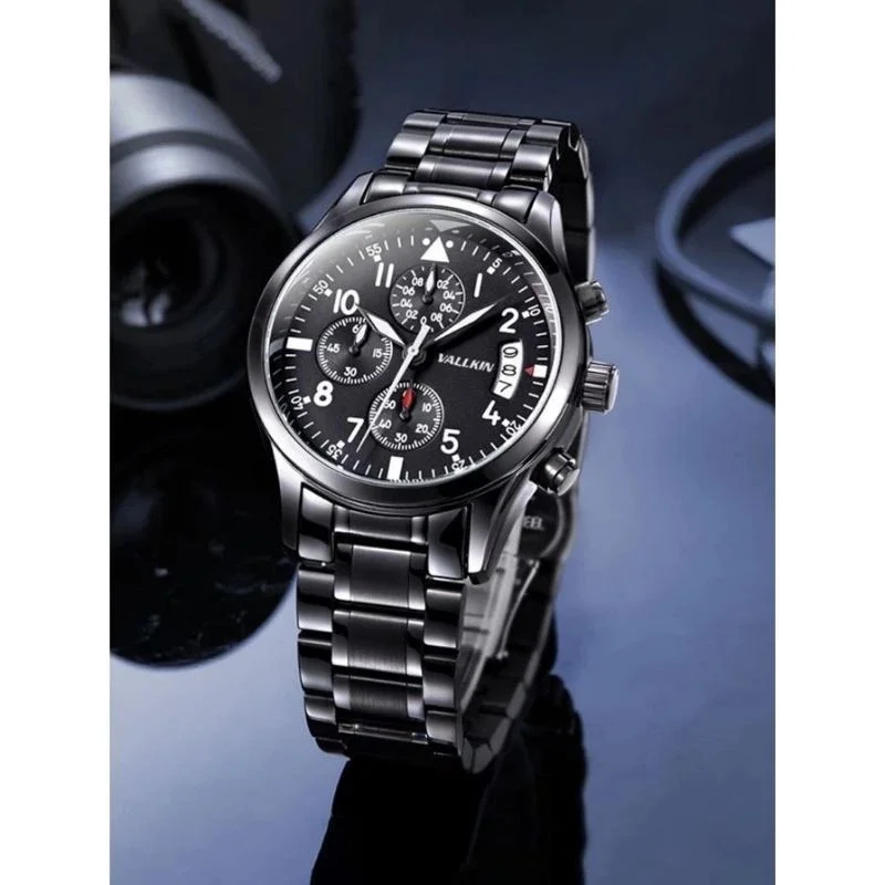 Shop VALLKIN men’s stainless steel chronograph watch with black dial, quartz movement, and date display. Stylish, durable, and perfect for everyday wear. - Image 2
