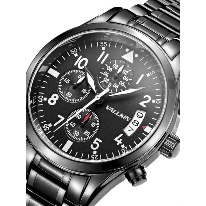 Shop VALLKIN men’s stainless steel chronograph watch with black dial, quartz movement, and date display. Stylish, durable, and perfect for everyday wear. - Image 4